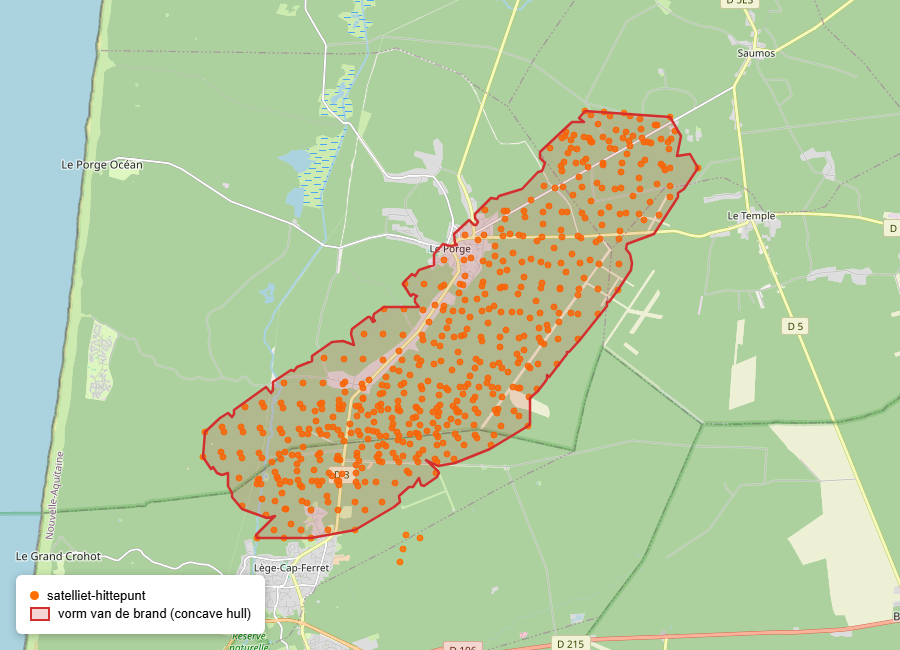 Satelliten-Hitzepunkte und die berechnete Form des Waldbrands bei Le Porge, Juli 2026